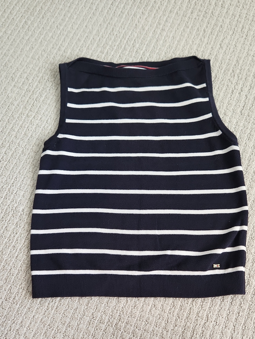Tommy Hilfiger Navy and White Striped Sleeveless Knit Top